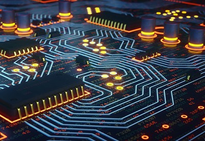 Futuristic high-tech computer chips on a motherboard