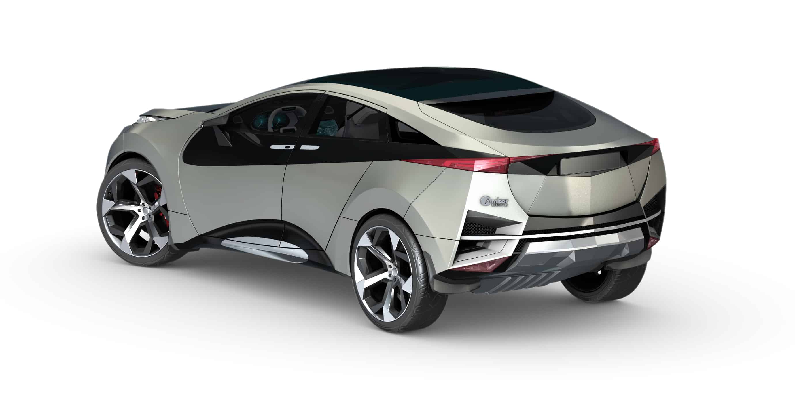 Side-angled view of a futuristic silver vehicle with doors closed